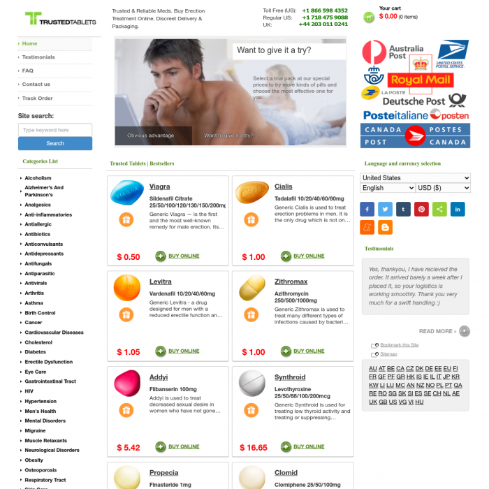 Skærmbillede af Trusted Tablets. Reliable medstore. Erection treatment online.